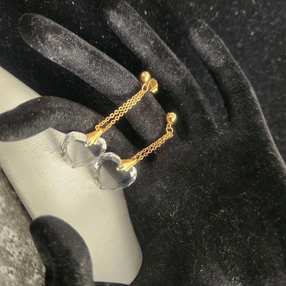 Gold Tone Clear Crystal Faceted Heart Dangle Drop Earrings Double Chain Romantic